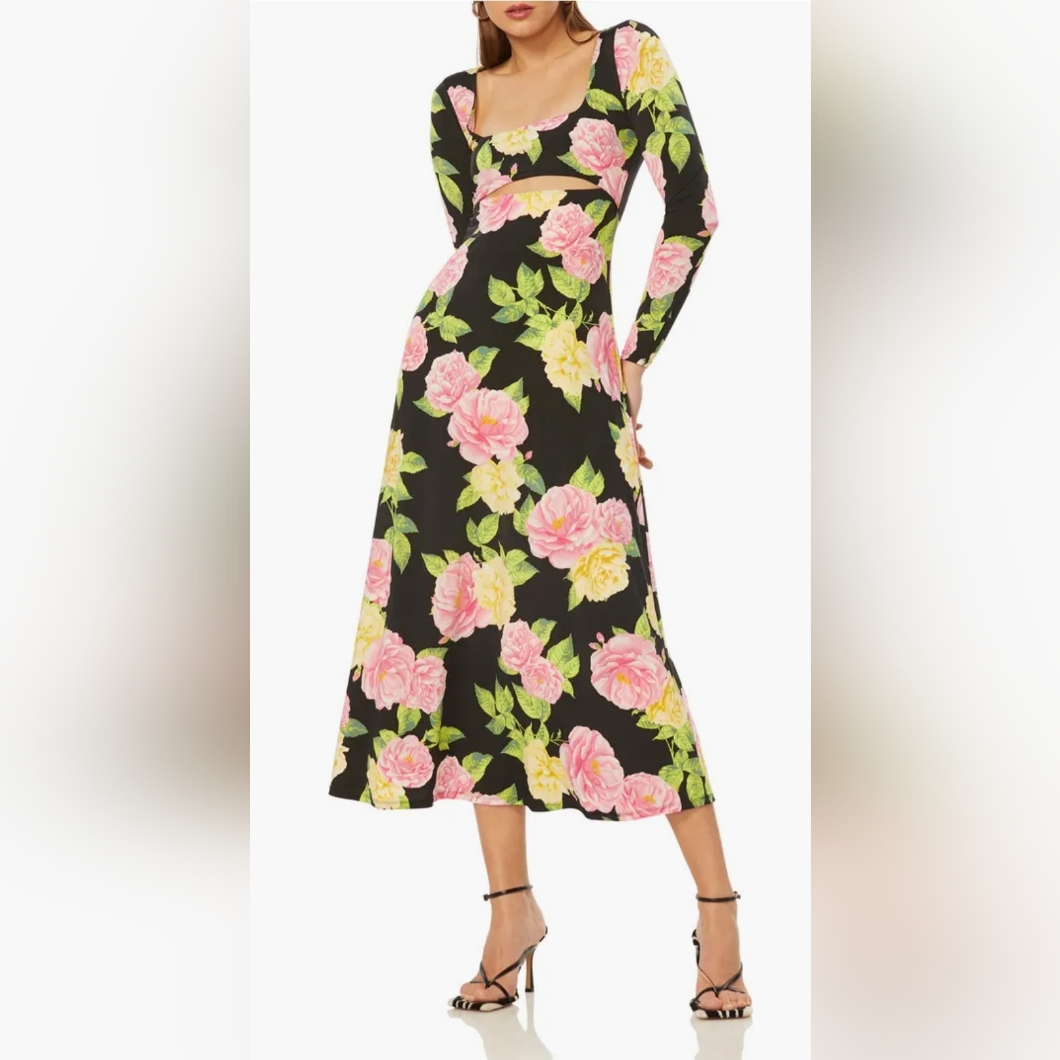 Revolve Afrm Sm Gigi Long Sleeve Midi/Maxi Dress Cut-Out Longsleeve Noir Bouquet